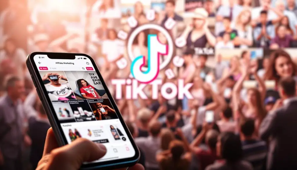 A vibrant and dynamic TikTok interface, showcasing the power of affiliate marketing. In the foreground, a smartphone displays eye-catching product advertisements, seamlessly integrated into the popular social media platform. The middle ground features a stylized "TikTok" logo, surrounded by a halo of digital currency symbols, representing the potential for lucrative earnings. In the background, a collage of TikTok content creators, influencers, and their growing audiences, symbolizing the vast reach and engagement potential of the platform. The overall scene is illuminated by a soft, warm lighting, creating a sense of opportunity and success. The image conveys the idea of leveraging TikTok's massive user base and content creation ecosystem to drive affiliate marketing campaigns and generate substantial passive income.