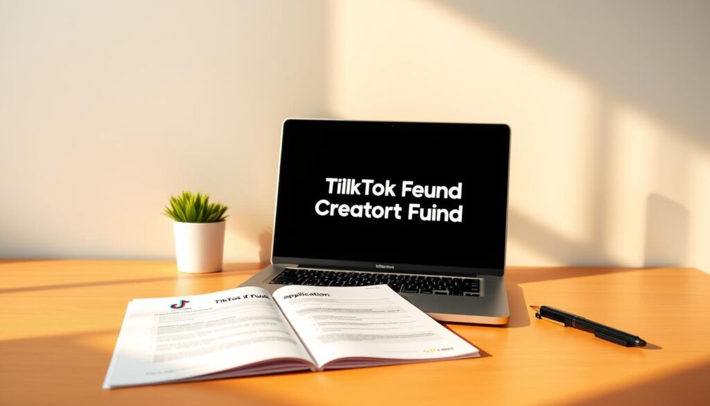 A vibrant and professional-looking desktop workspace with a laptop displaying the TikTok logo. On the desktop, an open application form titled "TikTok Creator Fund Application" stands out against a clean, minimalist background. Warm directional lighting from the side creates subtle shadows and highlights the form's details. The overall scene exudes a sense of opportunity and ambition, inviting the viewer to imagine themselves in the process of applying to the TikTok Creator Fund. A vibrant and professional-looking desktop workspace with a laptop displaying the TikTok logo. On the desktop, an open application form titled "TikTok Creator Fund Application" stands out against a clean, minimalist background. Warm directional lighting from the side creates subtle shadows and highlights the form's details. The overall scene exudes a sense of opportunity and ambition, inviting the viewer to imagine themselves in the process of applying to the TikTok Creator Fund.