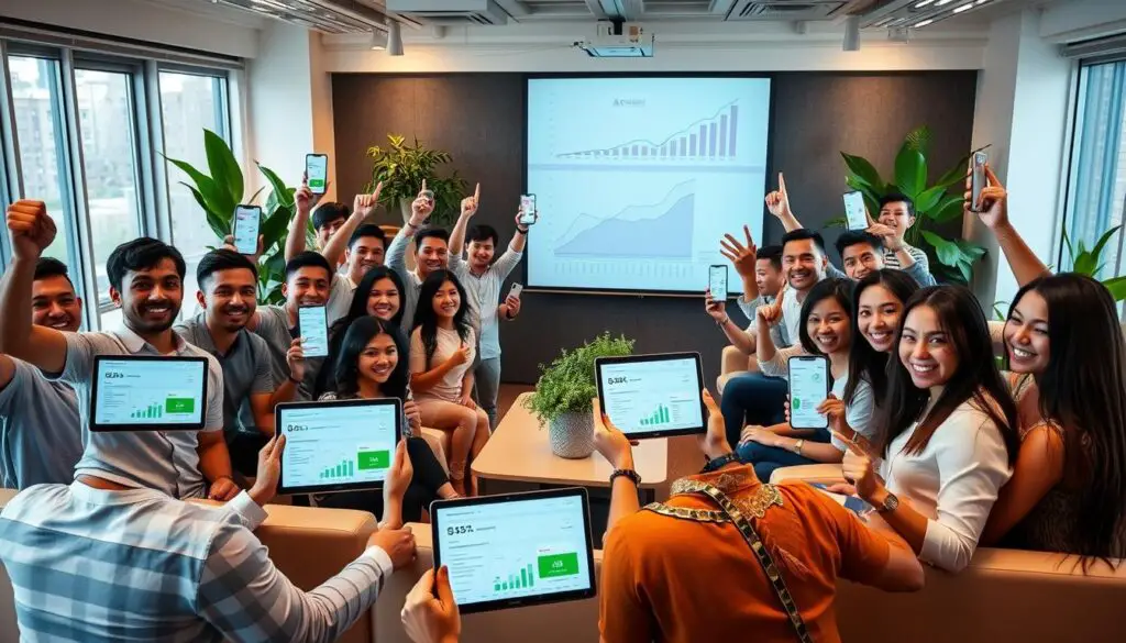 A bustling office with successful Adstera affiliates celebrating their earnings. In the foreground, a group of smiling people holding up laptops and smartphones, showcasing their analytics dashboards and commission payouts. In the middle ground, a projector screen displays graphs and charts highlighting the impressive growth of their affiliate earnings. The background is filled with sleek, modern furniture, lush greenery, and warm, natural lighting that creates a professional, yet inviting atmosphere. The scene conveys a sense of excitement, achievement, and the empowering potential of the Adstera affiliate program.