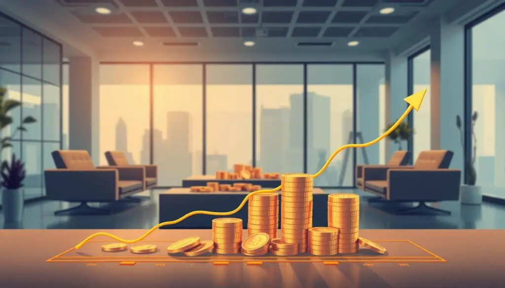 A detailed digital illustration showcasing Adstera's earnings potential. In the foreground, a professional-looking graph depicting the growth of Adstera's revenue over time, rendered in warm hues and clean lines. In the middle ground, a collection of gold coins and stacks of cash, symbolizing the financial rewards of utilizing Adstera's platform. In the background, a modern, minimalist office setting with sleek furniture and large windows, conveying a sense of corporate success and prosperity. The scene is illuminated by soft, directional lighting, creating depth and emphasizing the key elements. The overall mood is one of achievement, financial security, and the promise of a promising future through Adstera's services.