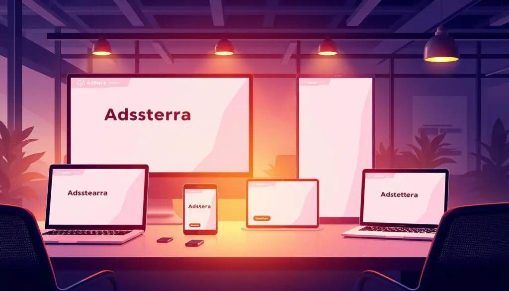 A high-quality, modern-looking illustration of various Adsterra ad formats, such as leaderboard, skyscraper, and rectangle banners, displayed on sleek digital devices with minimalist interfaces. The ad units should be visually appealing and showcase Adsterra's cutting-edge ad technology. The scene should be set in a contemporary office or workspace environment, with warm lighting and clean, geometric design elements to convey a professional, technology-driven atmosphere. The overall mood should be sophisticated, dynamic, and inspirational, reflecting the powerful monetization potential of Adsterra's ad solutions.
